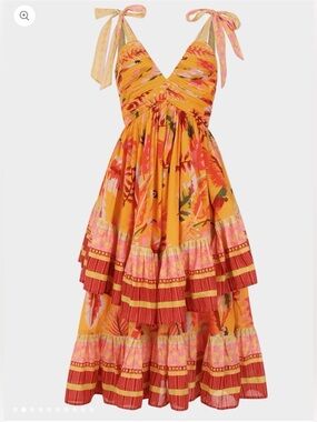 Jessa Kae Oasis Dress — NWT — Tiered Sunset Floral Tie‑Shoulder Midi Dress